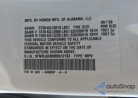2021 Honda Odyssey Touring from USA, damaged, VIN 5FNRL6H80MB012183